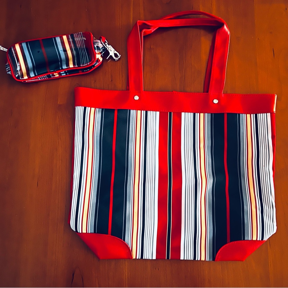 CHIC MULTI-COLORED STRIPED CANVAS TOTE BAG WITH MATCHING COSMETIC POUCHI